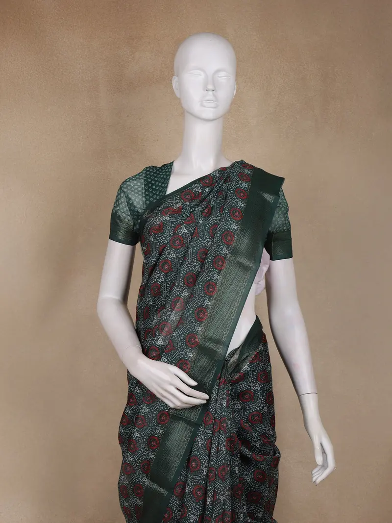 Dark Green Ajrakh Printed Chanderi Cotton Saree With Woven Border 2