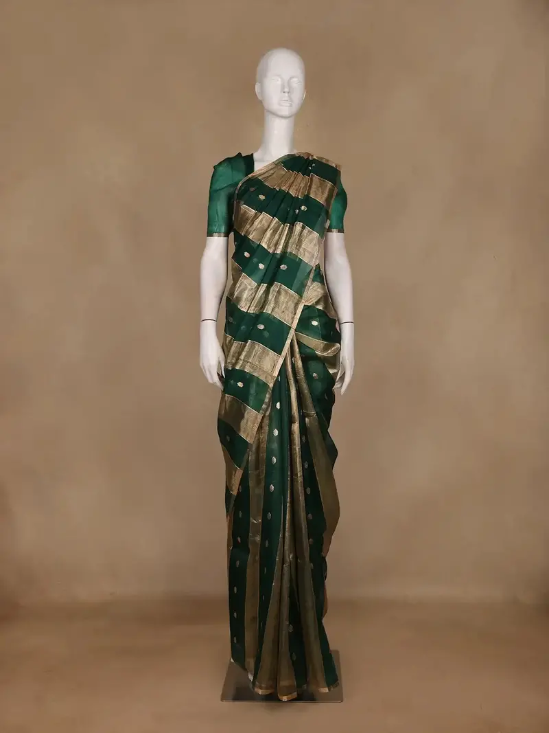Dark Green And Gold Striped Tissue Organza Saree With Zari Buttas 1