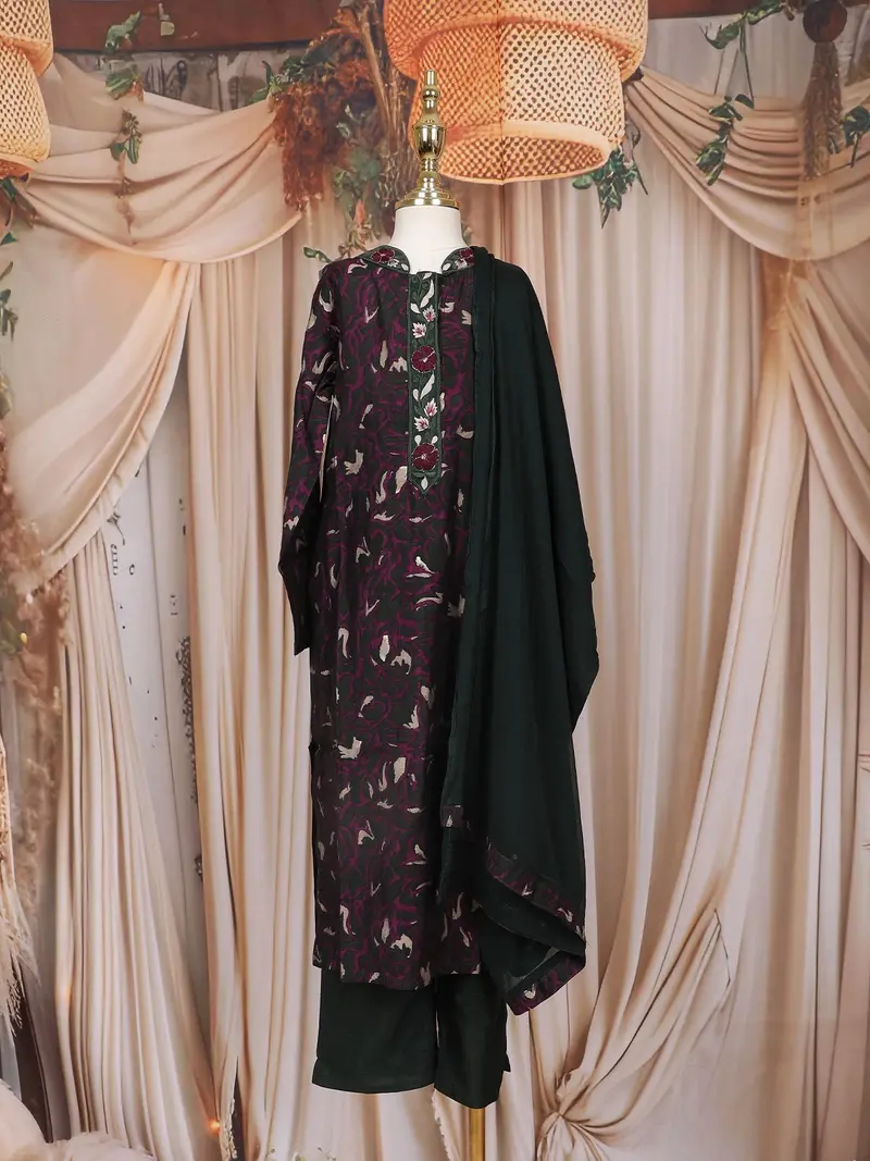 Dark Green And Violet  Abstract Printed Design Cotton Straight Cut Salwar Suit With Dupatta 1