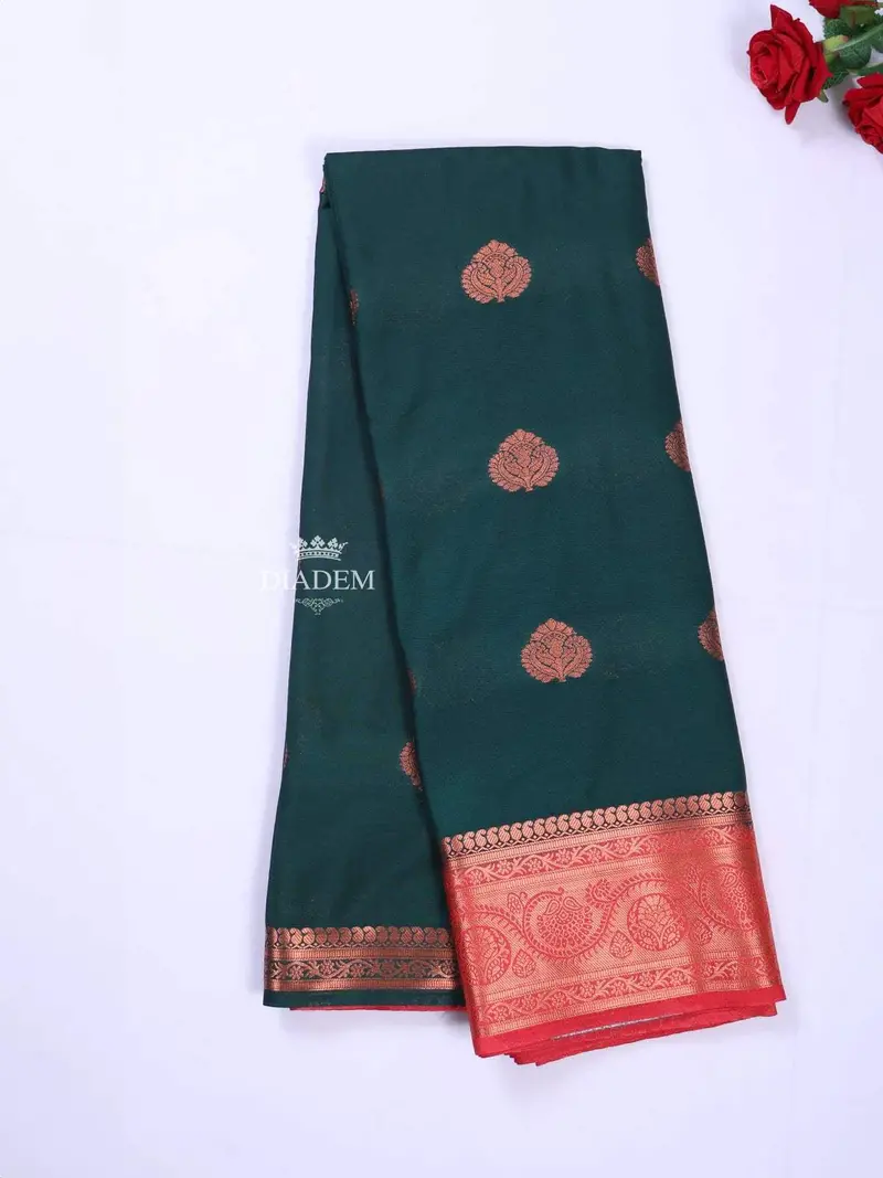 Dark Green Art Silk Saree With Zari Butta On The Body And Contrast Zari Border 2