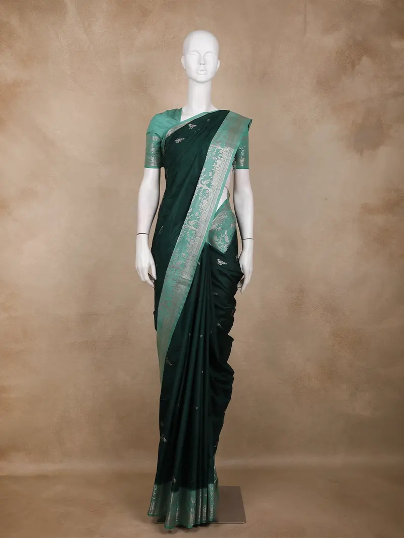 Dark Green Birds Woven Raw Silk Saree With Contrast Mint Green Zari Border 1
