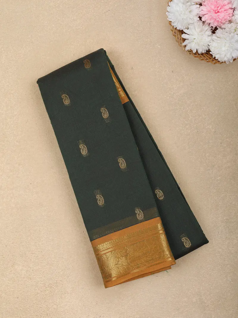 Dark Green Butta Woven Design Cotton Saree With Contrast Border 1