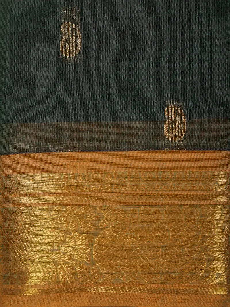 Dark Green Butta Woven Design Cotton Saree With Contrast Border 2