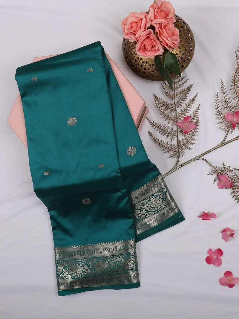 Dark Green Butta Woven Soft Silk Saree With Zari Floral Border 1