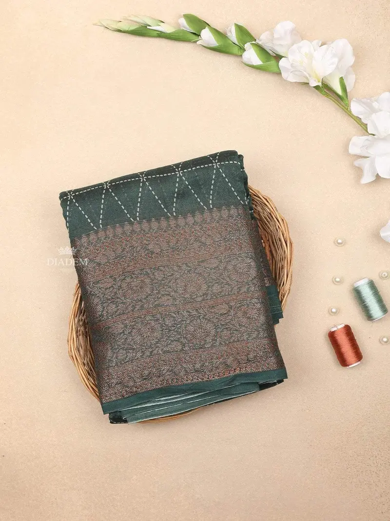 Dark Green Chanderi Silk Saree With Dotted Diamond Design On The Body With Designed Border 1