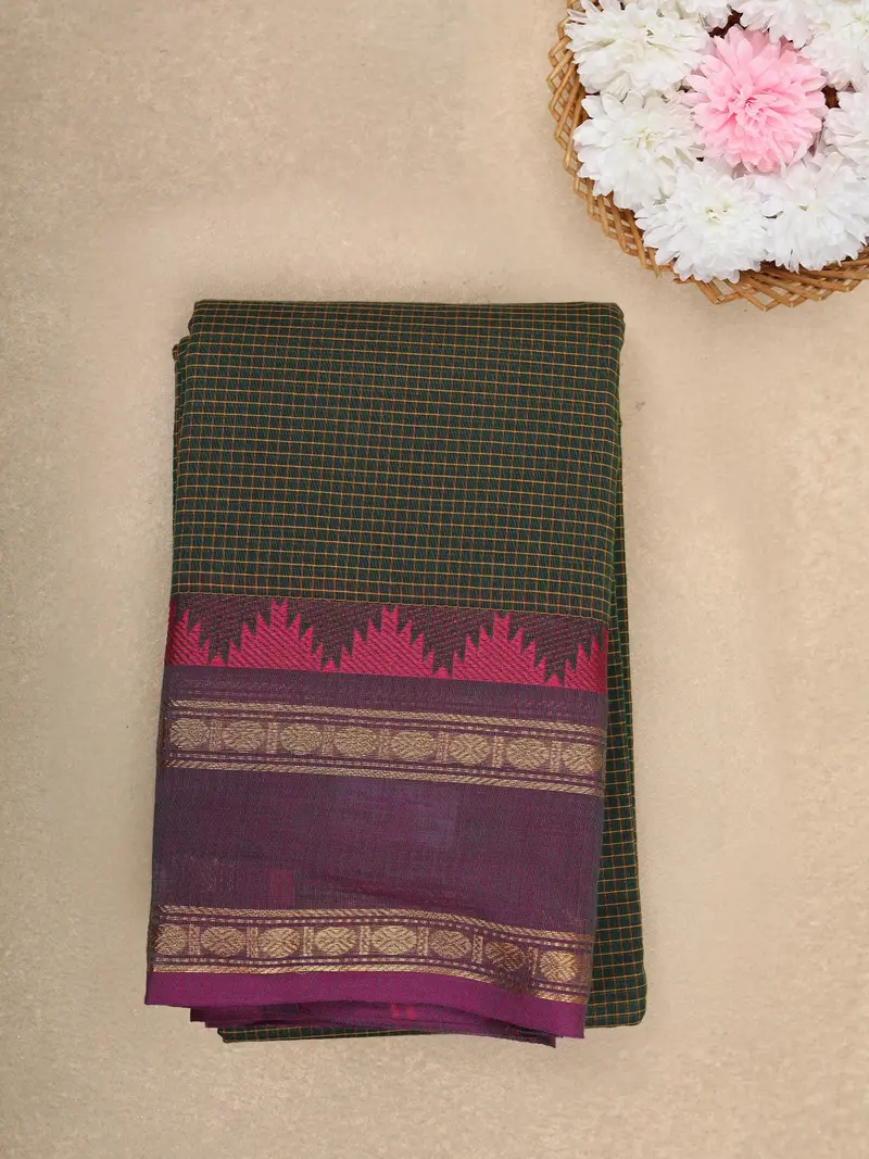 Dark Green Checked Design Cotton Saree With Purple Zari Border 1