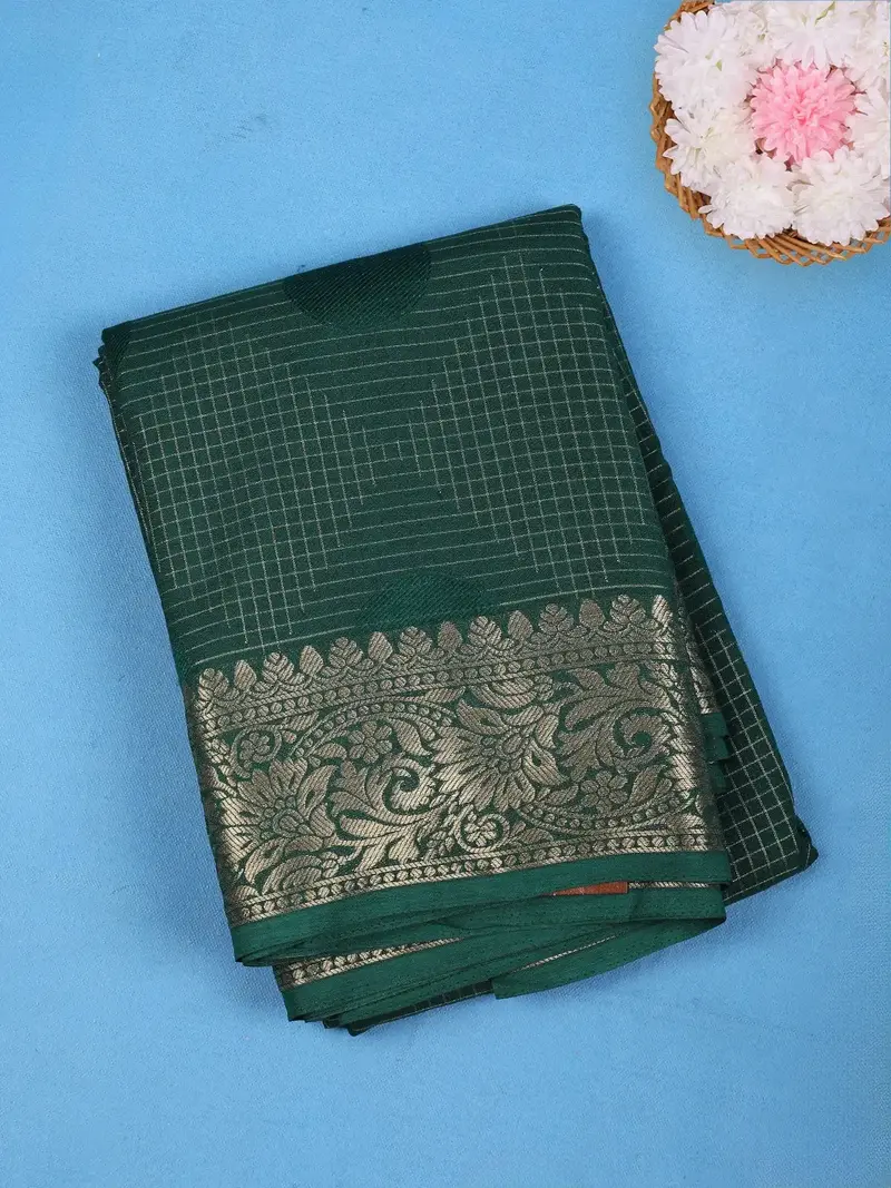 Dark Green Checked Mysore Silk Saree With Zari Floral Border And Circle Motifs 1