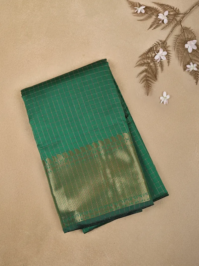 Dark Green Checked Woven Design Soft Silk Fancy Saree 1