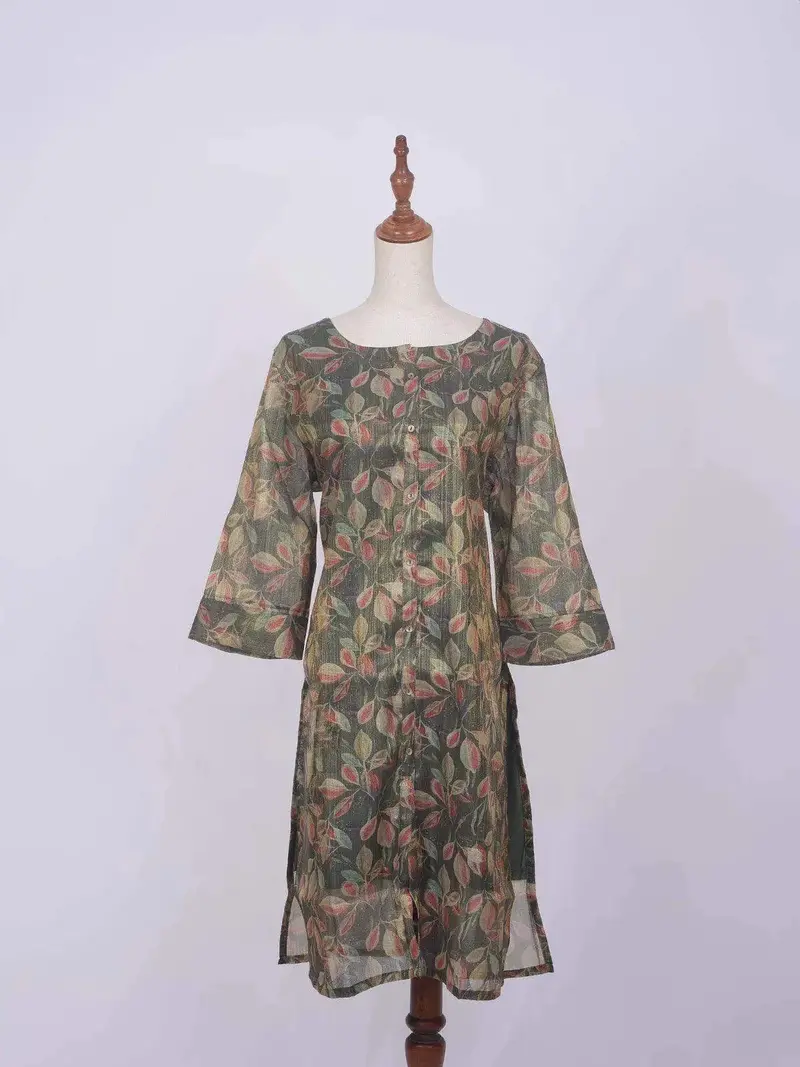 Dark Green Cotton Kurti Top Adorned With Floral Prints Without Dupatta 1