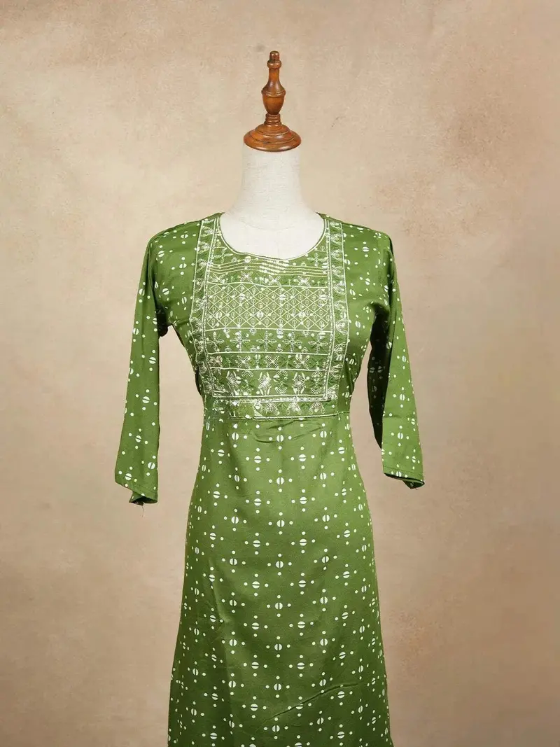 Dark Green Cotton Kurtis Adorned With Sequins And Embroidery Dotted Design Without Dupatta 1