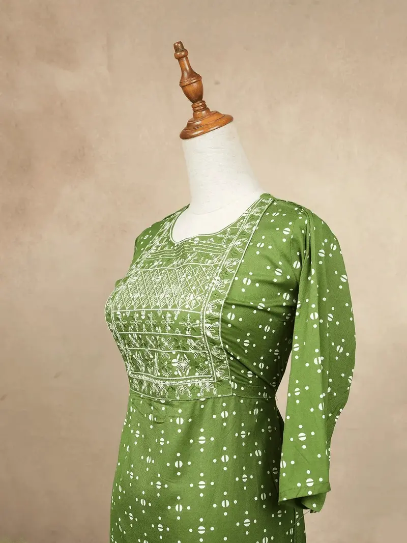 Dark Green Cotton Kurtis Adorned With Sequins And Embroidery Dotted Design Without Dupatta 2
