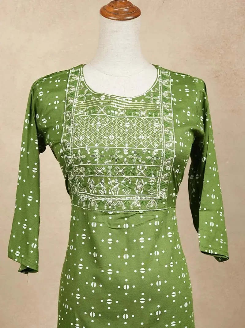 Dark Green Cotton Kurtis Adorned With Sequins And Embroidery Dotted Design Without Dupatta 3
