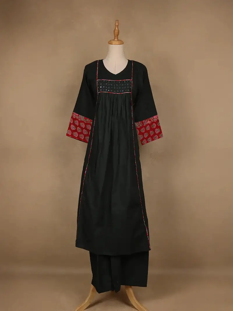 Dark Green Cotton Palazzo Suit With Mirror Work 1