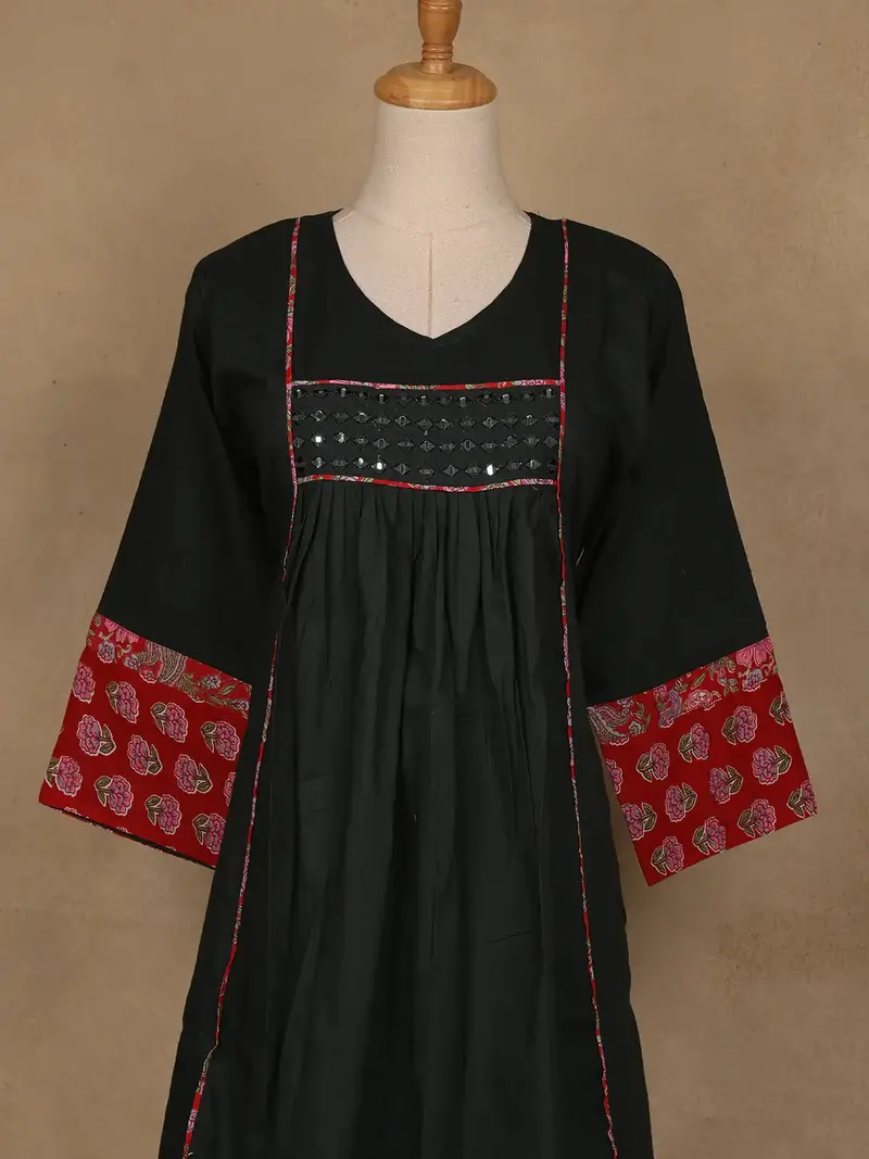 Dark Green Cotton Palazzo Suit With Mirror Work 2