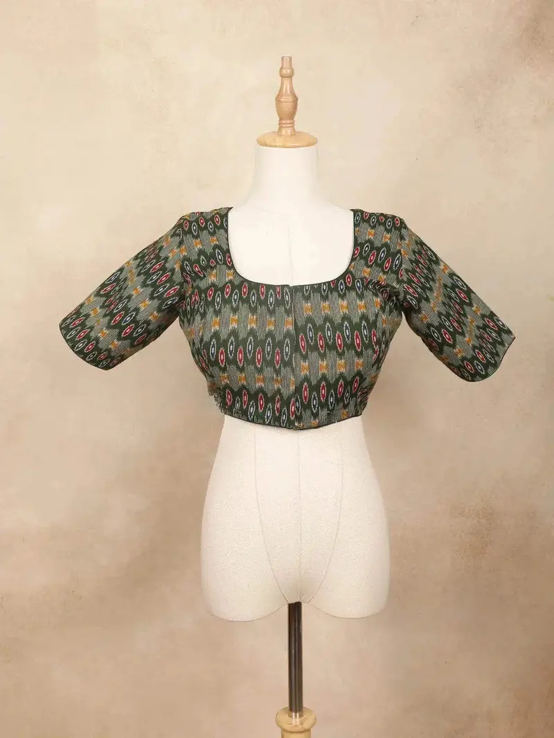 Dark Green Cotton Readymade Blouse With Geometric Prints 1