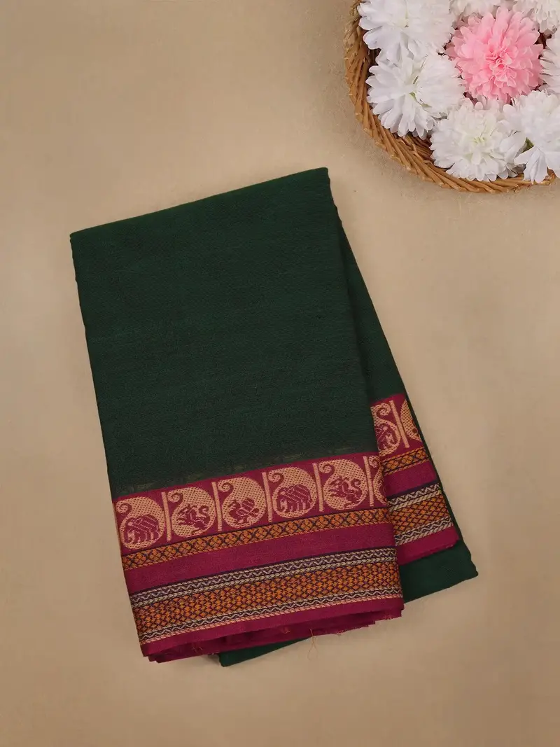 Dark Green Cotton Saree With Maroon Paisley Motif Border 1