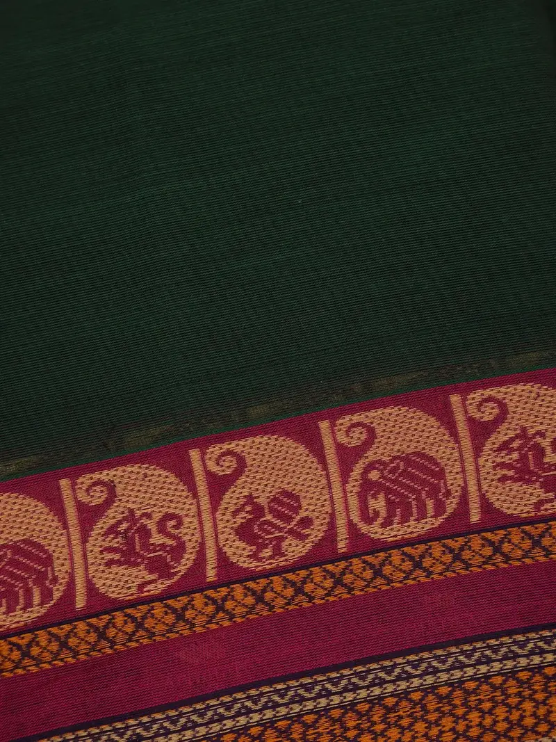 Dark Green Cotton Saree With Maroon Paisley Motif Border 2