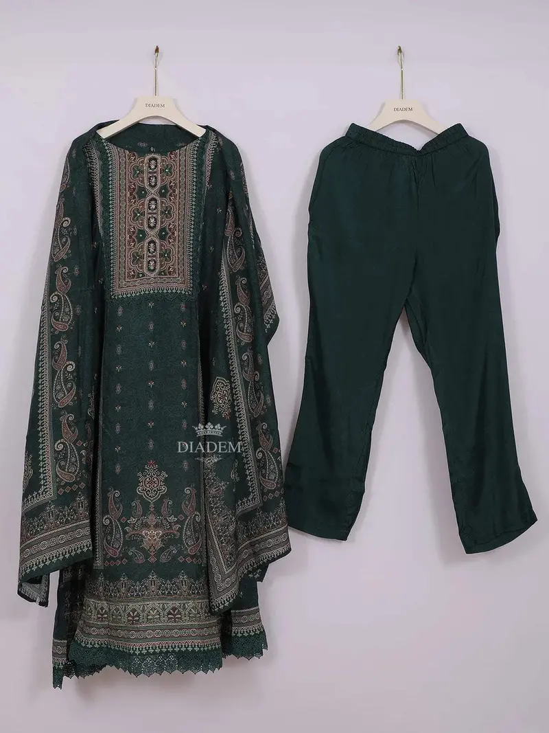 Dark Green Cotton Straight Cut Salwar Suit Adorned With Paisley Prints, Paired With Dupatta 1