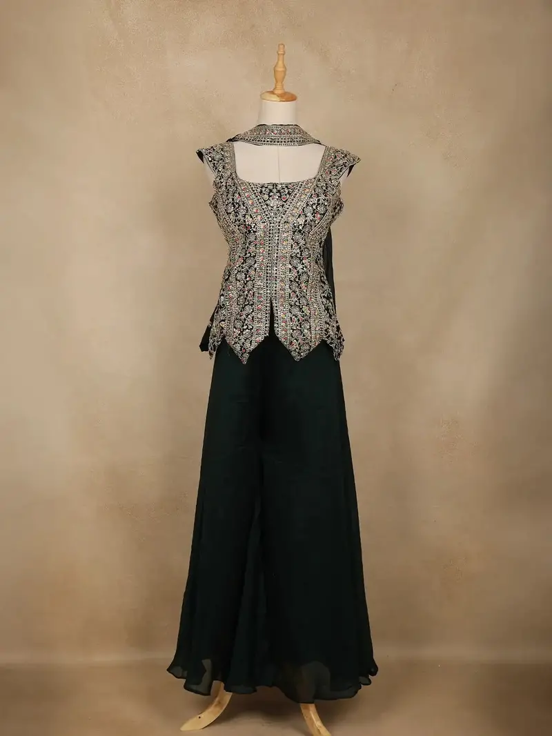 Dark Green Embroidered Design Chiffon Palazzo Suit 1