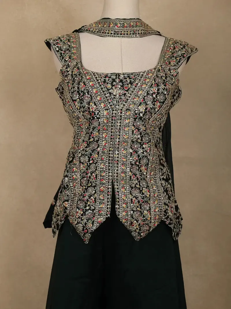 Dark Green Embroidered Design Chiffon Palazzo Suit 2