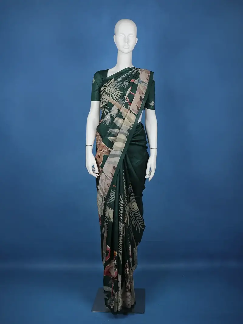 Dark Green Floral And Bird Designed Semi Tussar Saree 1