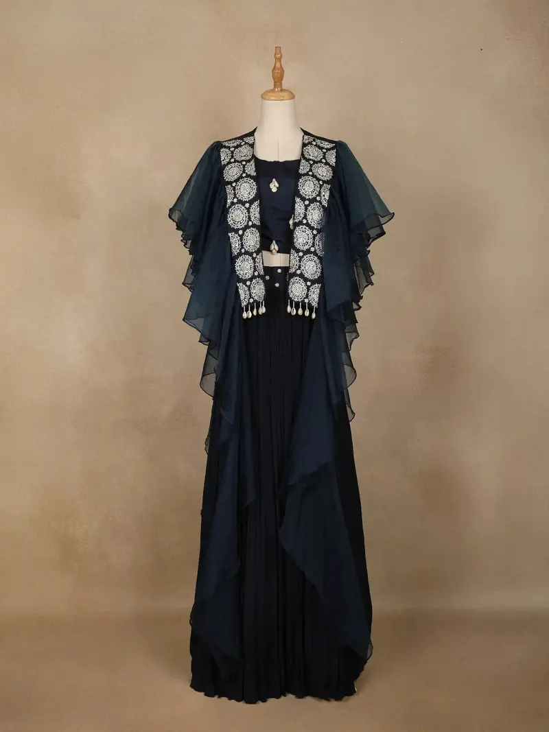 Dark Green Floral And Cowrie Shell Designed Crepe Bridesmaids Lehenga 1
