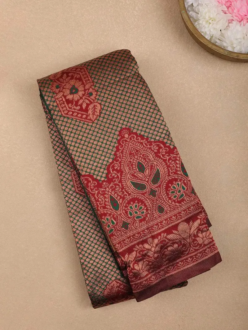 Dark Green Floral And Paisley Designed Art Silk Saree 1