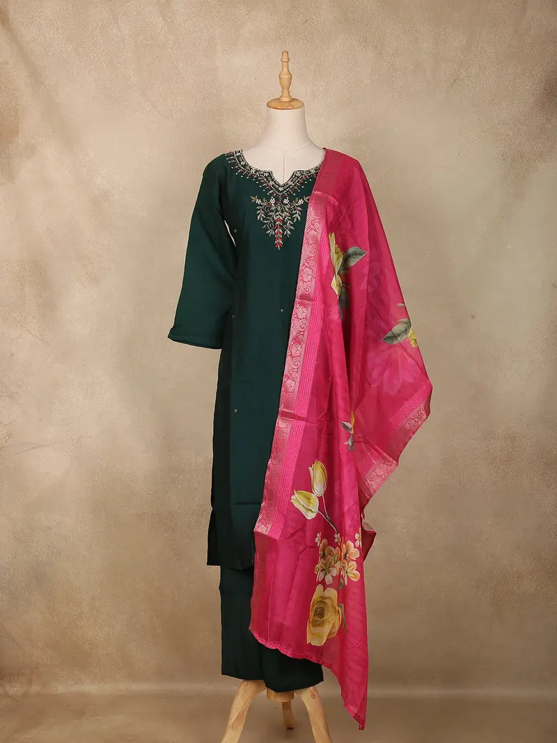 Dark Green Floral Beads Embroidered Design Cotton Straight Cut Salwar Suit With Contrast Dupatta 1