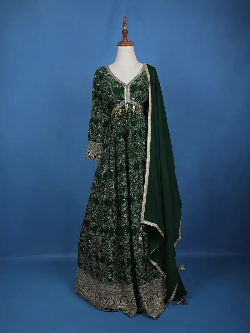 Dark Green Floral Design Bead And Printed Work Georgette Gown 1