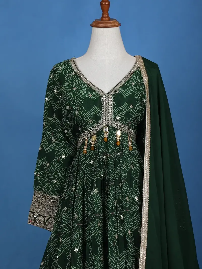 Dark Green Floral Design Bead And Printed Work Georgette Gown 2