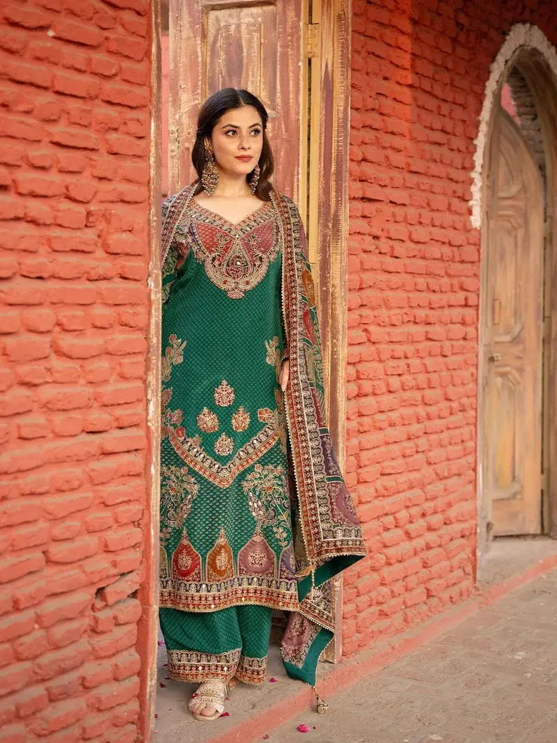 Dark Green Floral Design Crepe Palazzo Salwar Suit 1