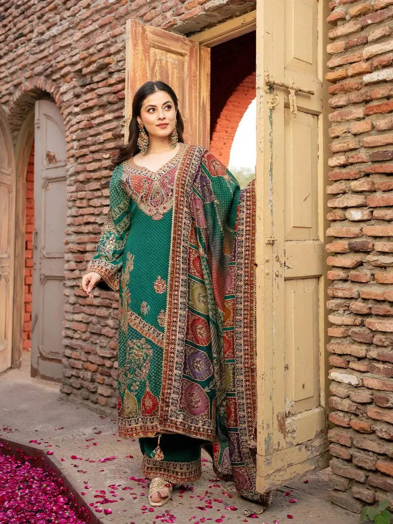 Dark Green Floral Design Crepe Palazzo Salwar Suit 2
