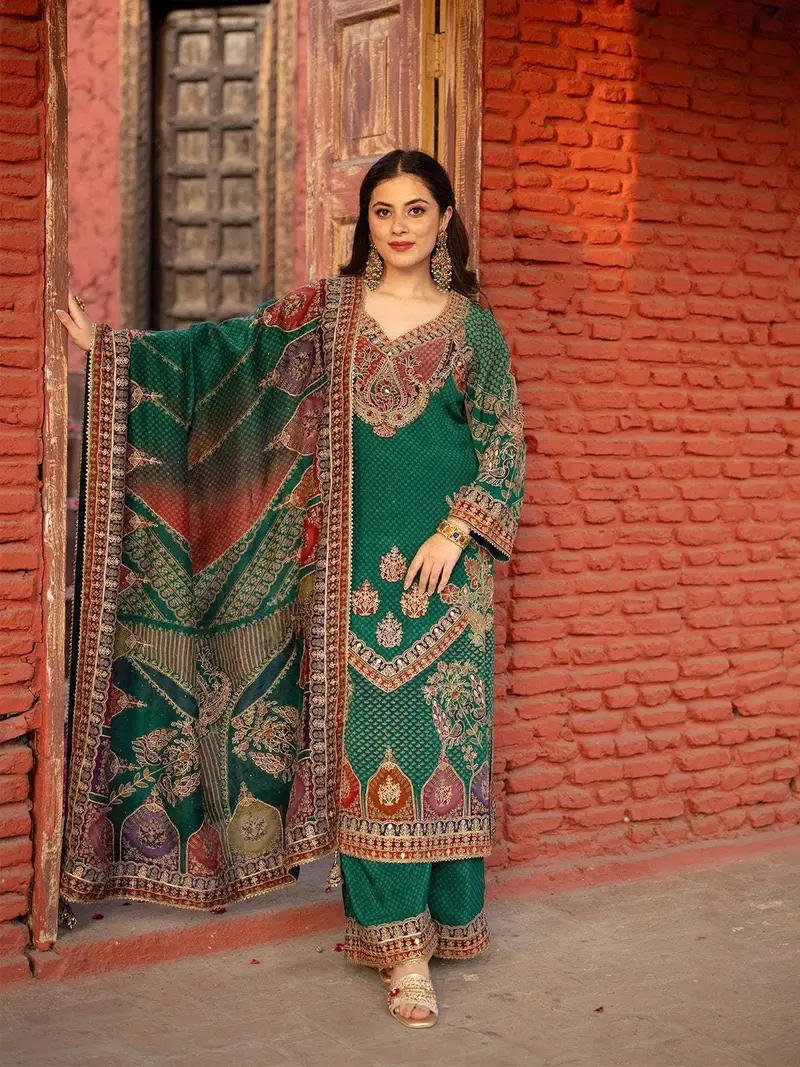 Dark Green Floral Design Crepe Palazzo Salwar Suit 3