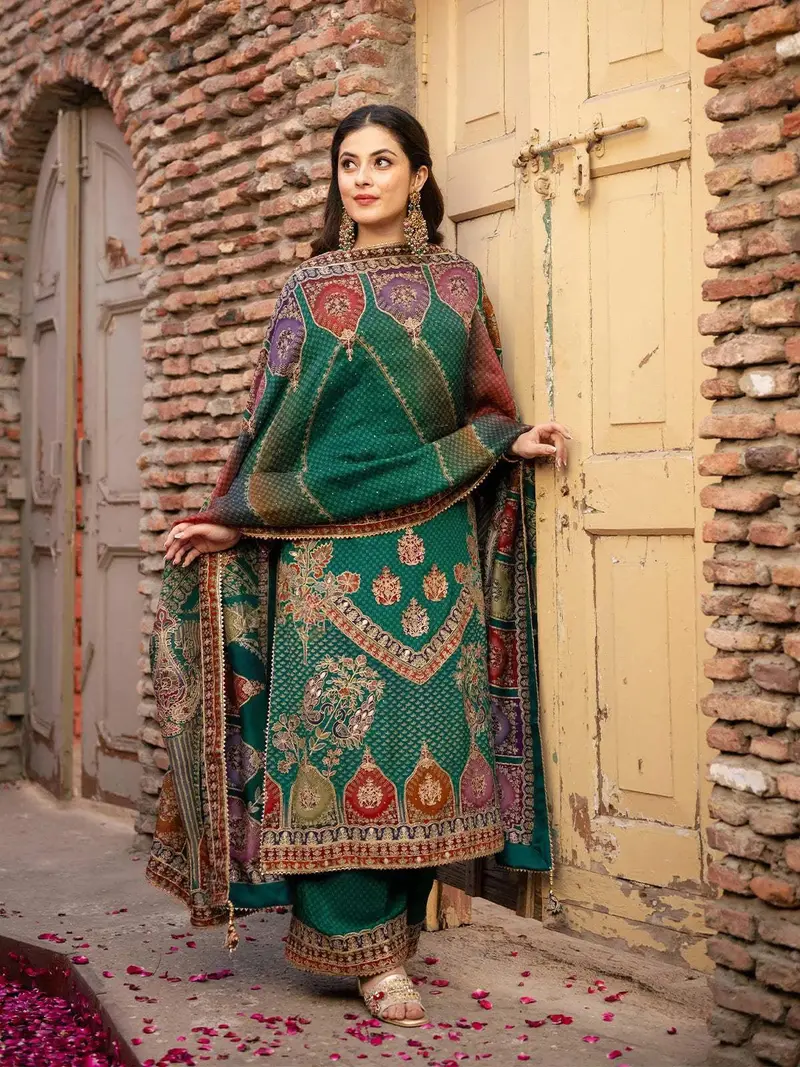 Dark Green Floral Design Crepe Palazzo Salwar Suit 4