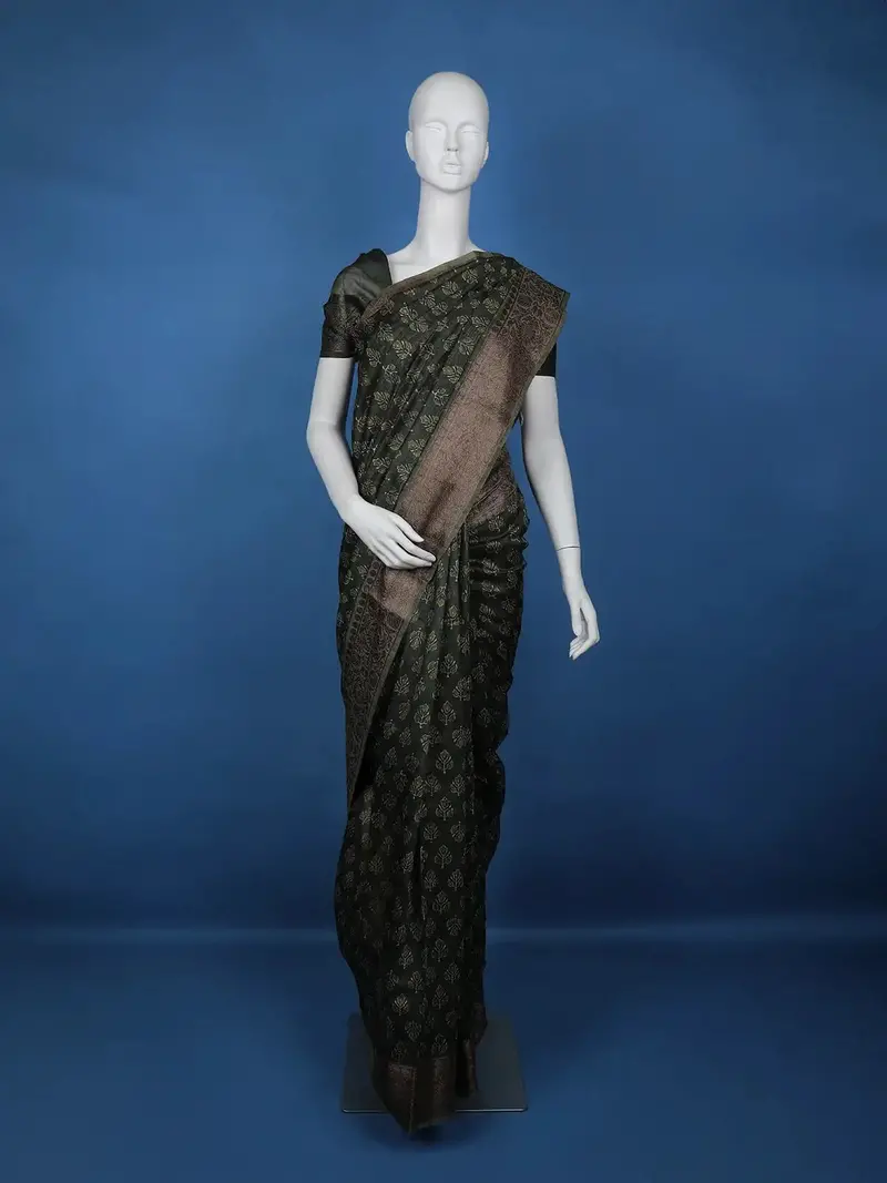 Dark Green Floral Designed Chanderi Cotton Saree 1