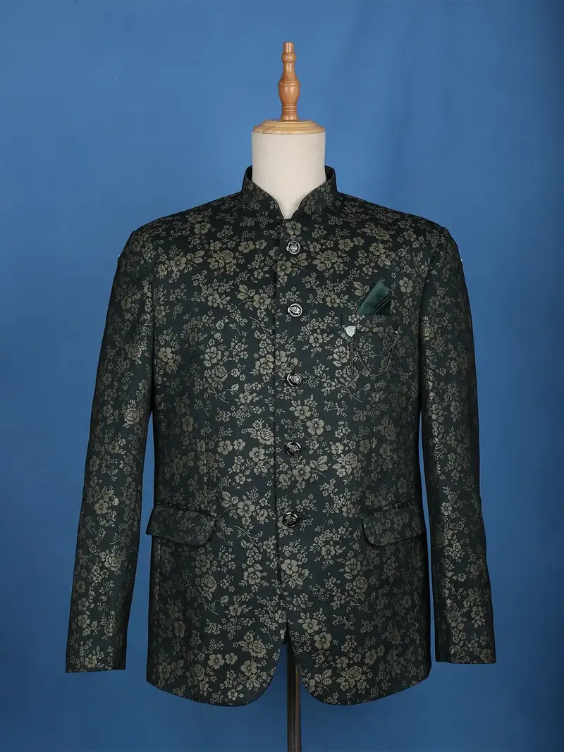 Dark Green Floral Designed Jodhpuri Men's Suit 1