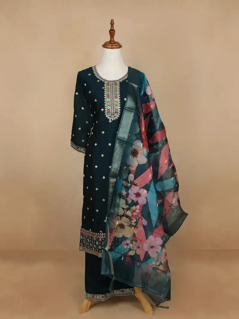 Dark Green Floral Designed Semi Silk Salwar Suit 1