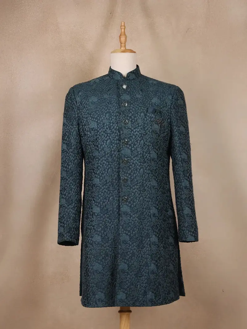 Dark Green Floral Designed Sherwani Suit For Reception 1