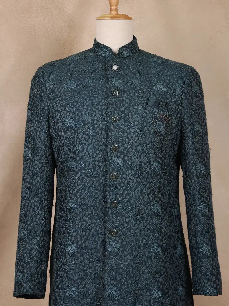Dark Green Floral Designed Sherwani Suit For Reception 2