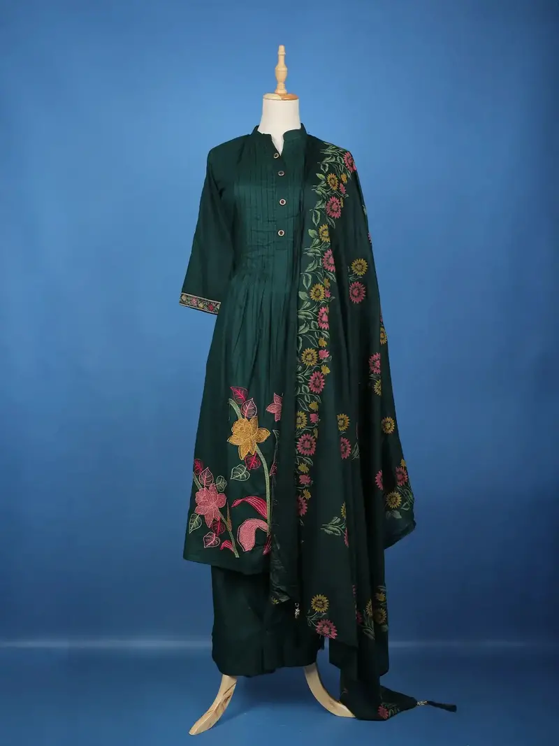 Dark Green Floral Embroidered Cotton Salwar Suit With Dupatta 1
