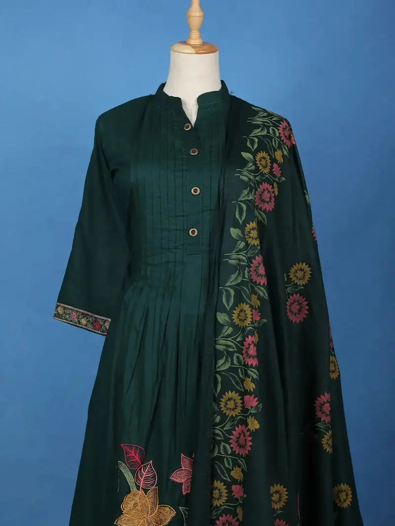 Dark Green Floral Embroidered Cotton Salwar Suit With Dupatta 2