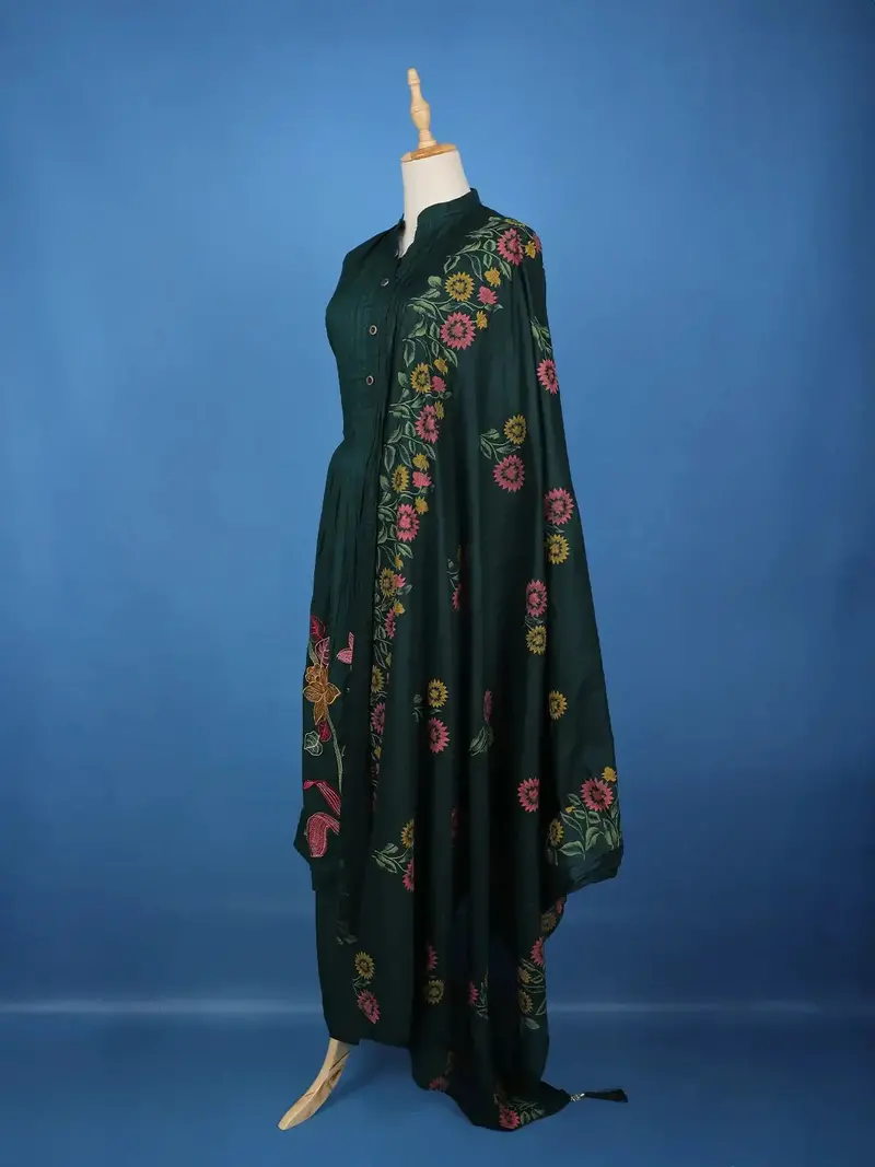 Dark Green Floral Embroidered Cotton Salwar Suit With Dupatta 3