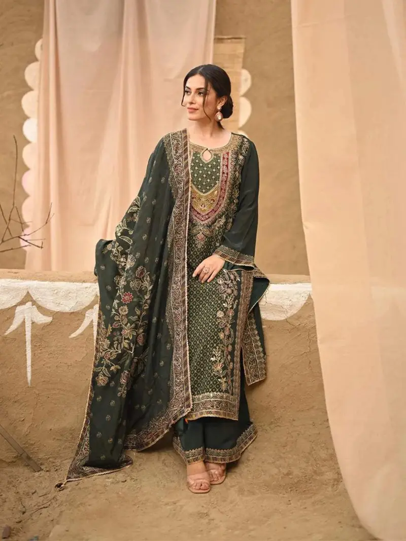 Dark Green Floral Embroidered Crepe Palazzo Salwar Suit For Women 1