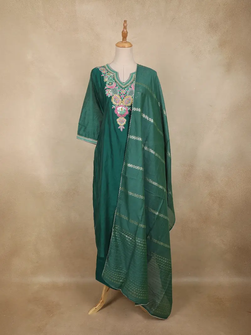 Dark Green Floral Embroidered Silk Cotton Salwar Suit With Dupatta 1