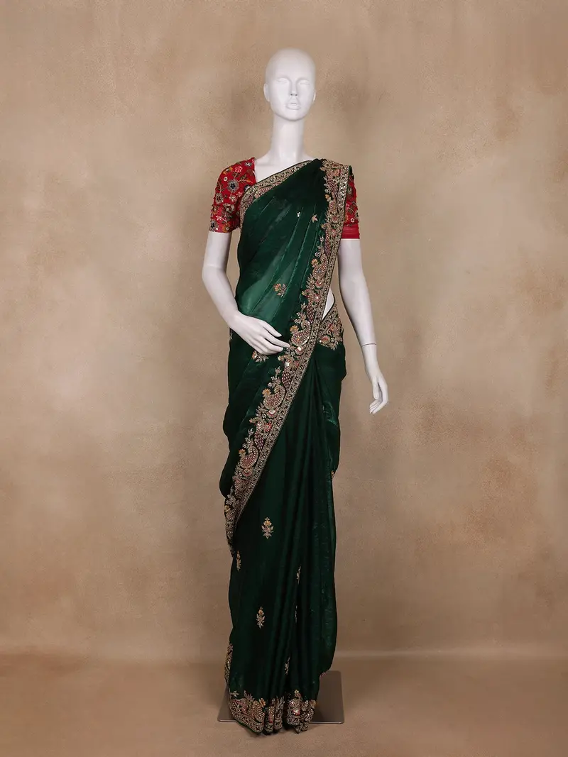 Dark Green Floral Embroidered Tissue Organza Saree With Red Floral Blouse 1