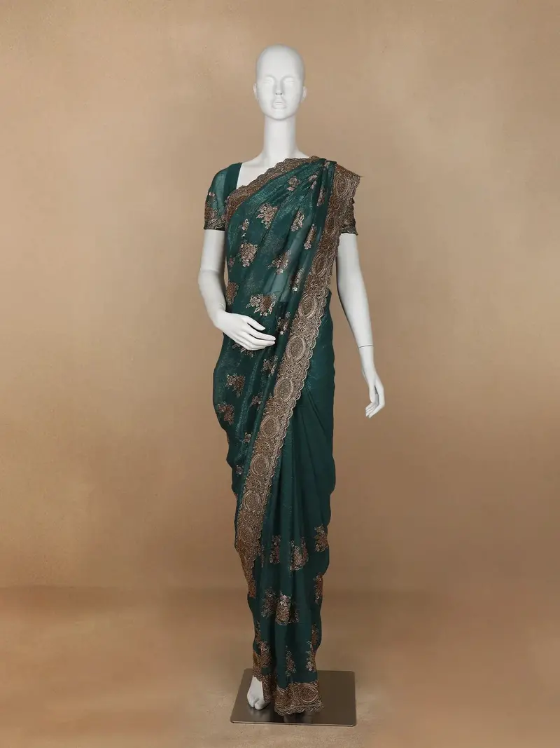 Dark Green Floral Embroidery Chiffon Silk Saree 1