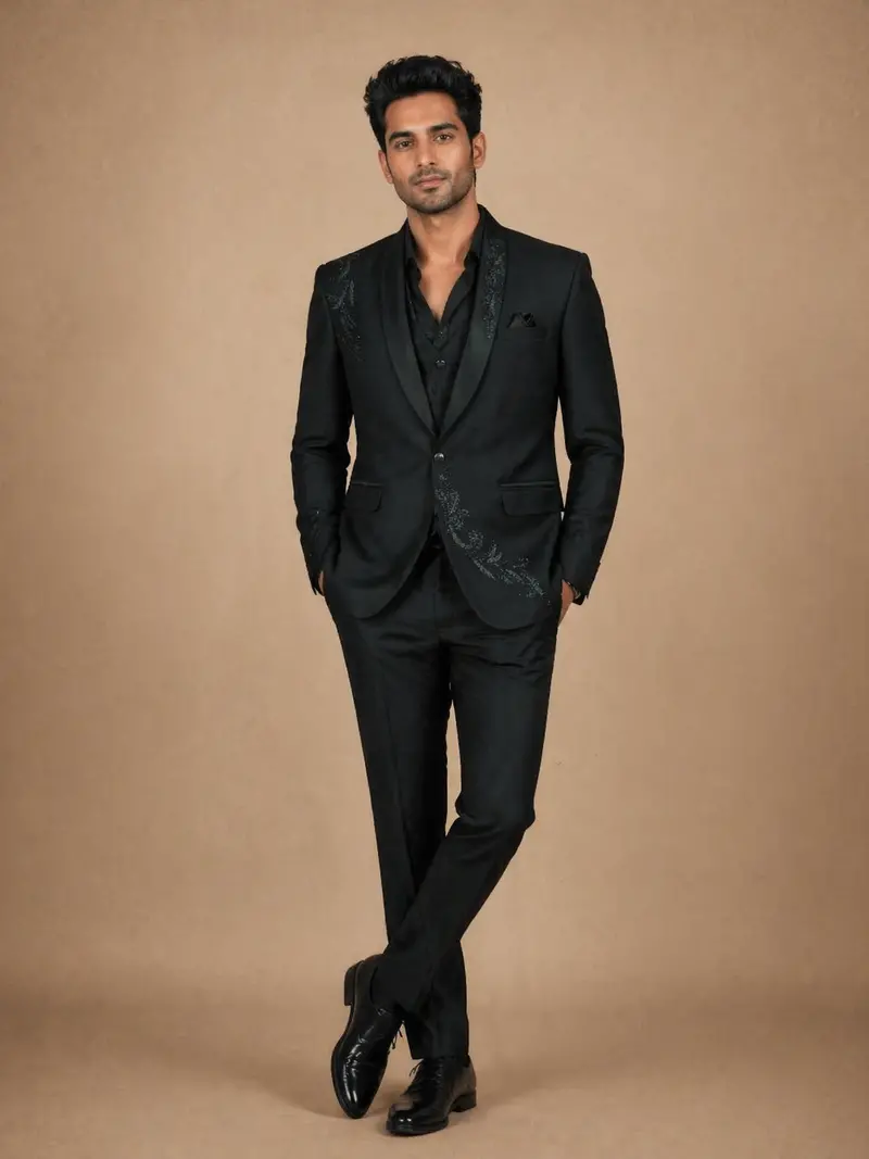 Dark Green Floral Embroidery Men's Suit 1