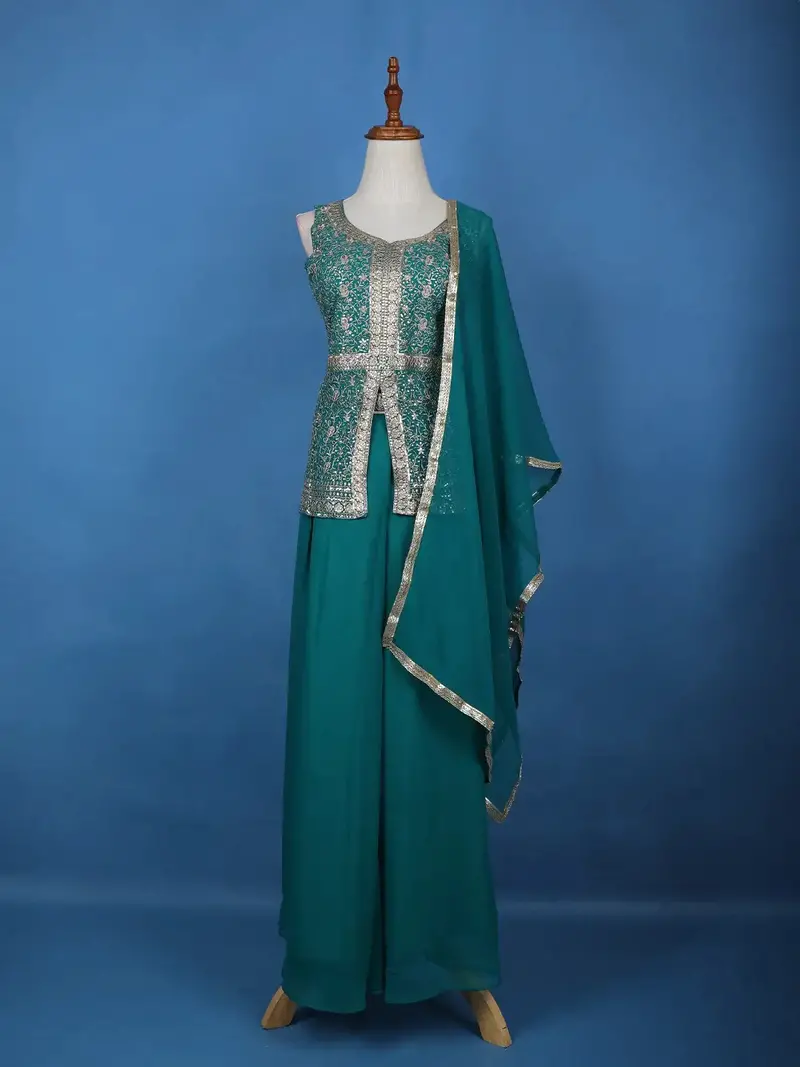 Dark Green Floral Motif Sequins Georgette Palazzo Salwar Suit 1