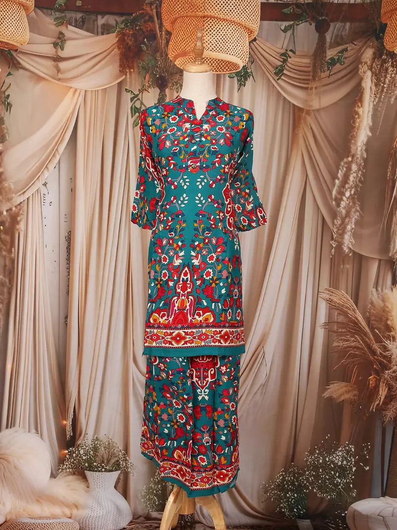Dark Green Floral Printed Cotton Palazzo Suit 1