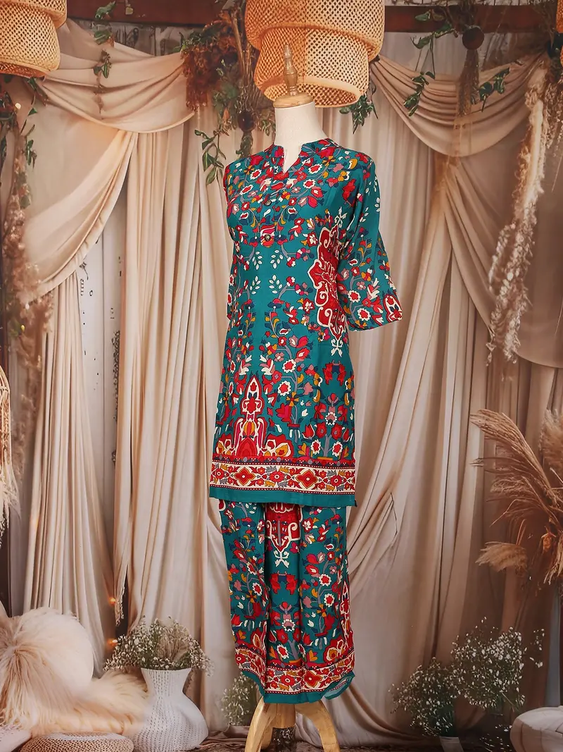 Dark Green Floral Printed Cotton Palazzo Suit 3